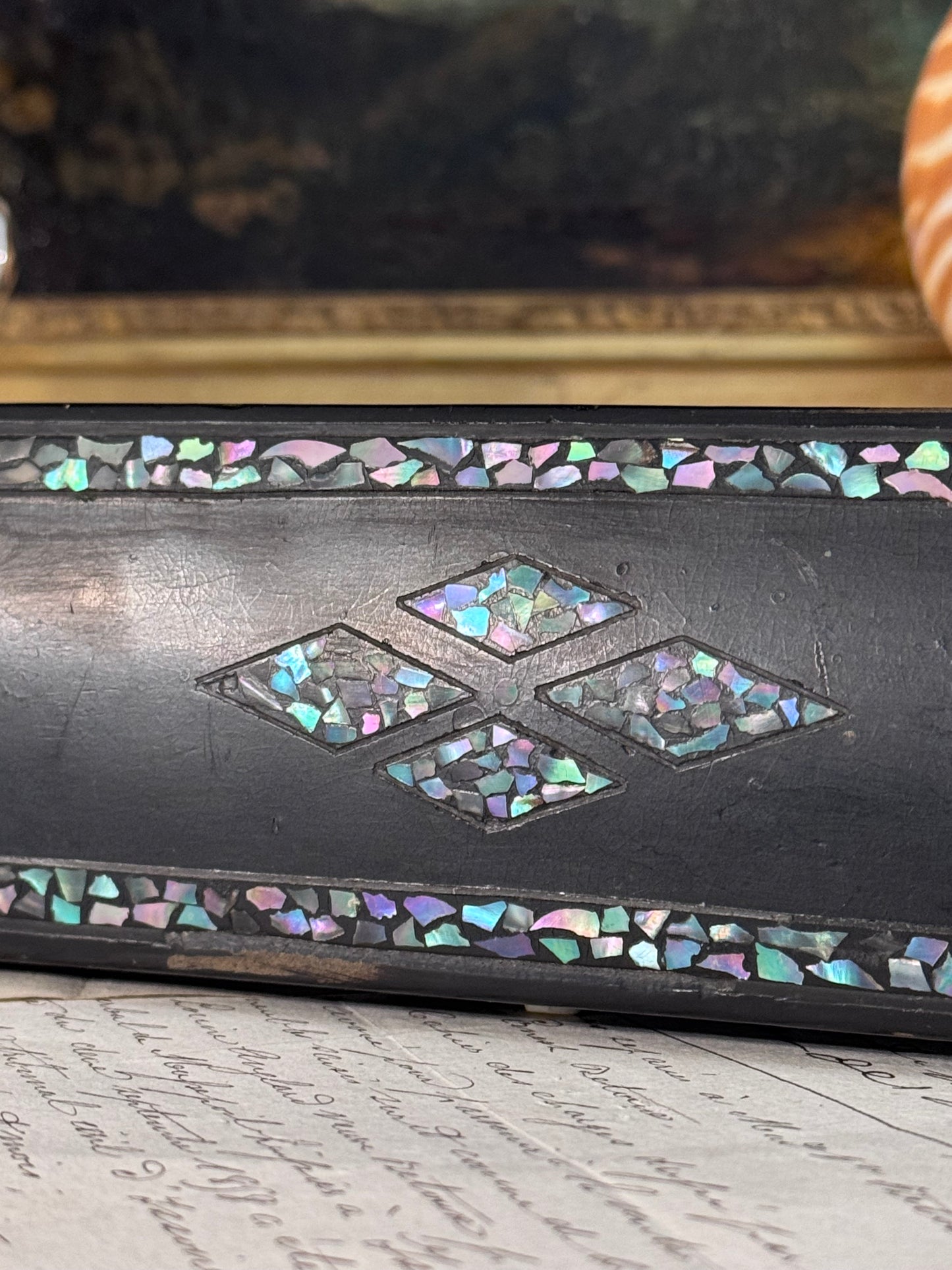 Antique Black Lacquer Desk Box with Iridescent Abalone Inlay 8”
