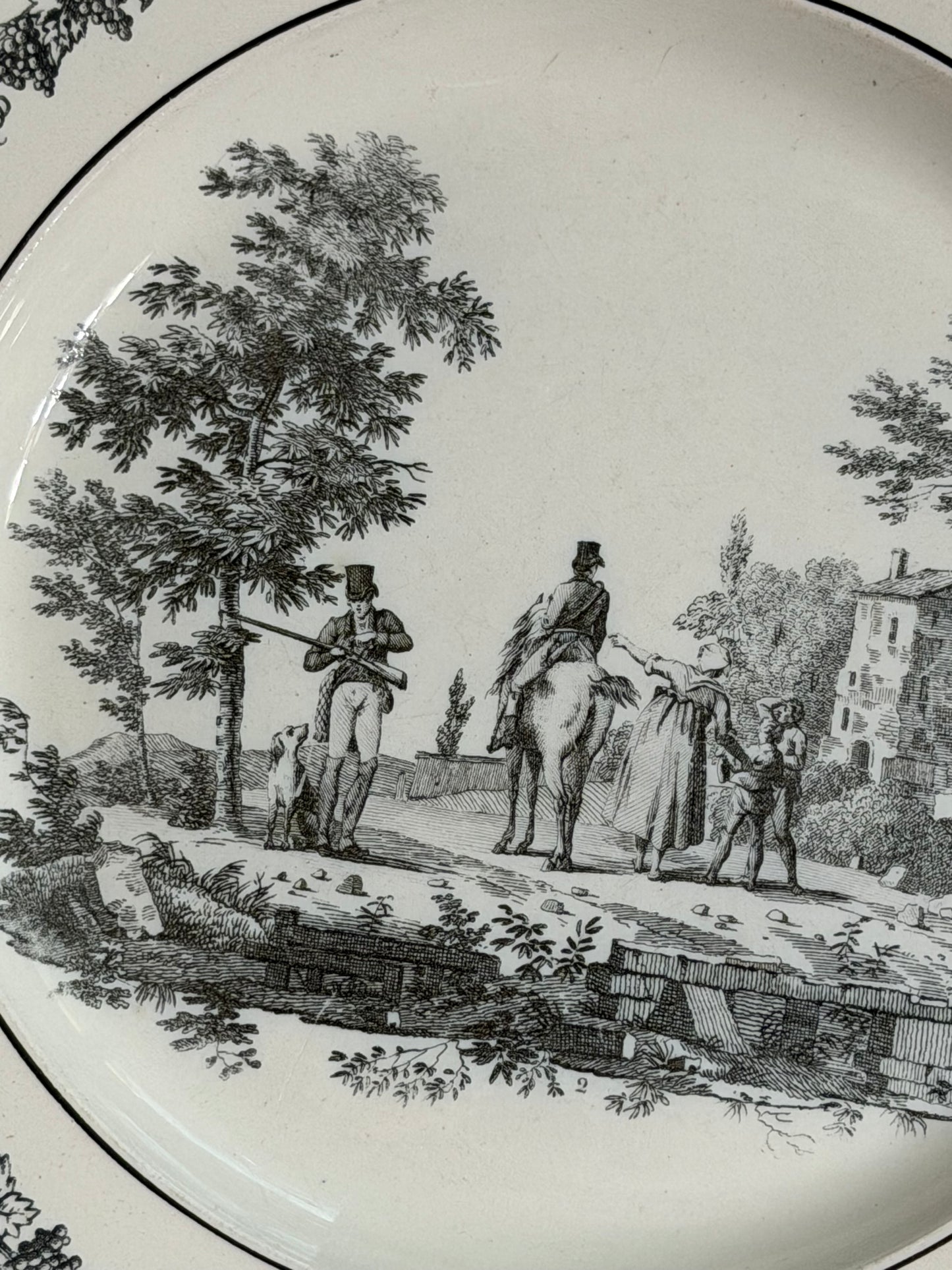 Early 19th Century French Creil Black Transferware Hunt Scene Plate 8.25”
