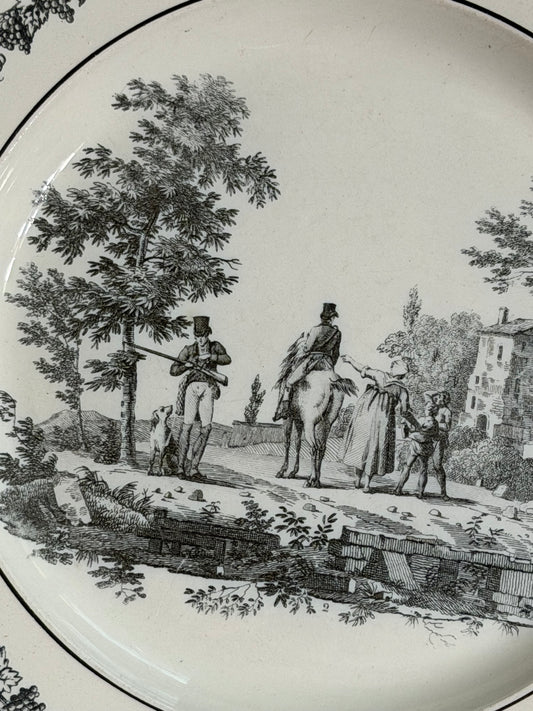 Early 19th Century French Creil Black Transferware Hunt Scene Plate 8.25”
