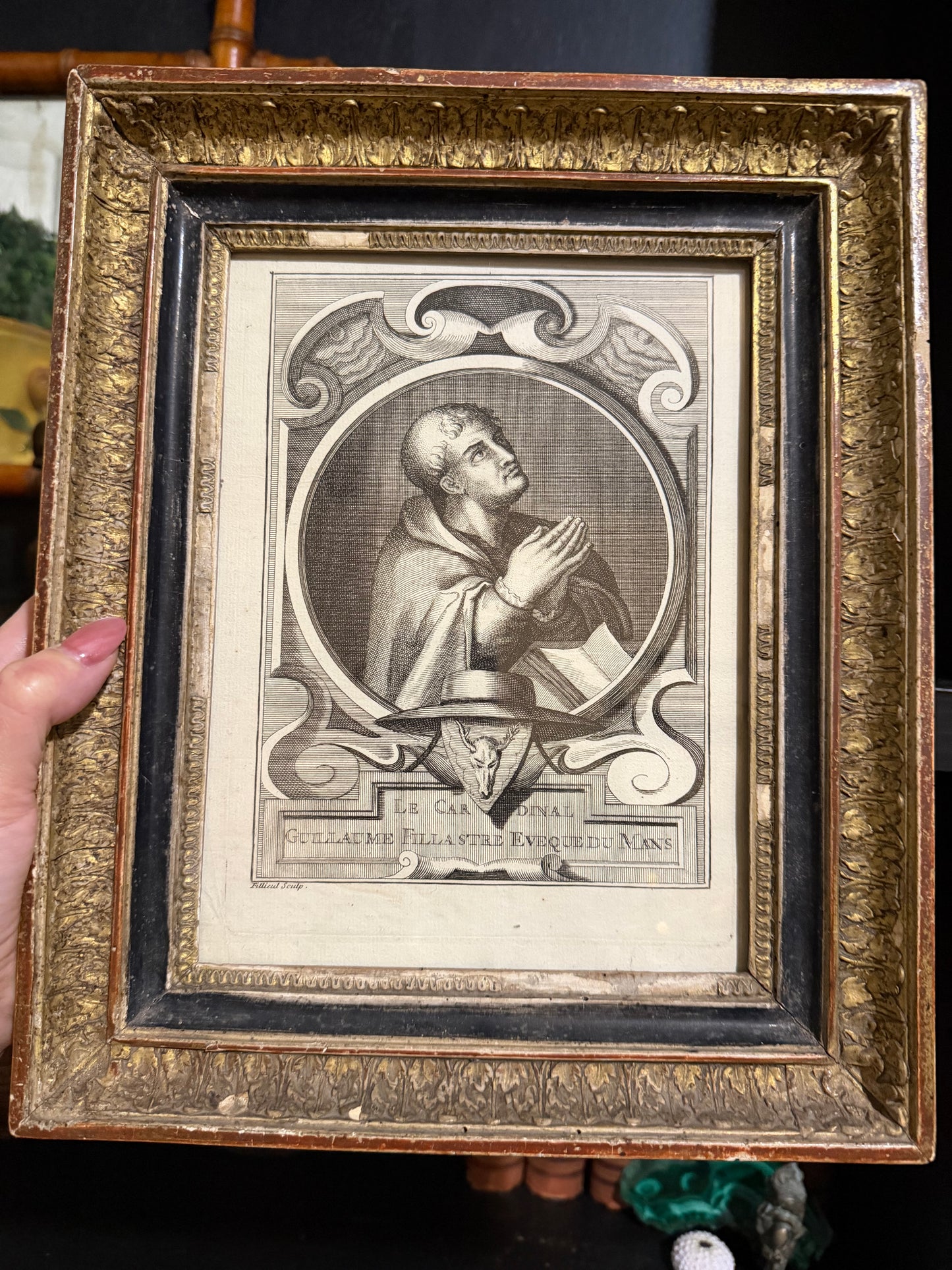 17th Century French Engraved Portrait of Cardinal Guillaume Fillastre in Period Gilt Frame, 12 x 9.75 in.