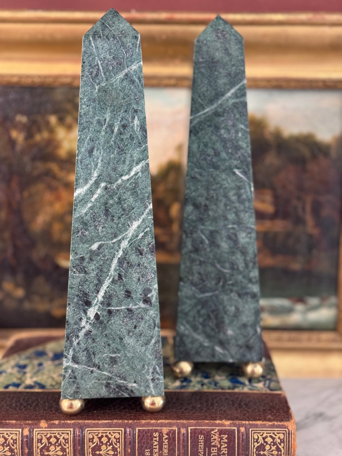Pair of Green Marble Obelisks with Brass Ball Feet