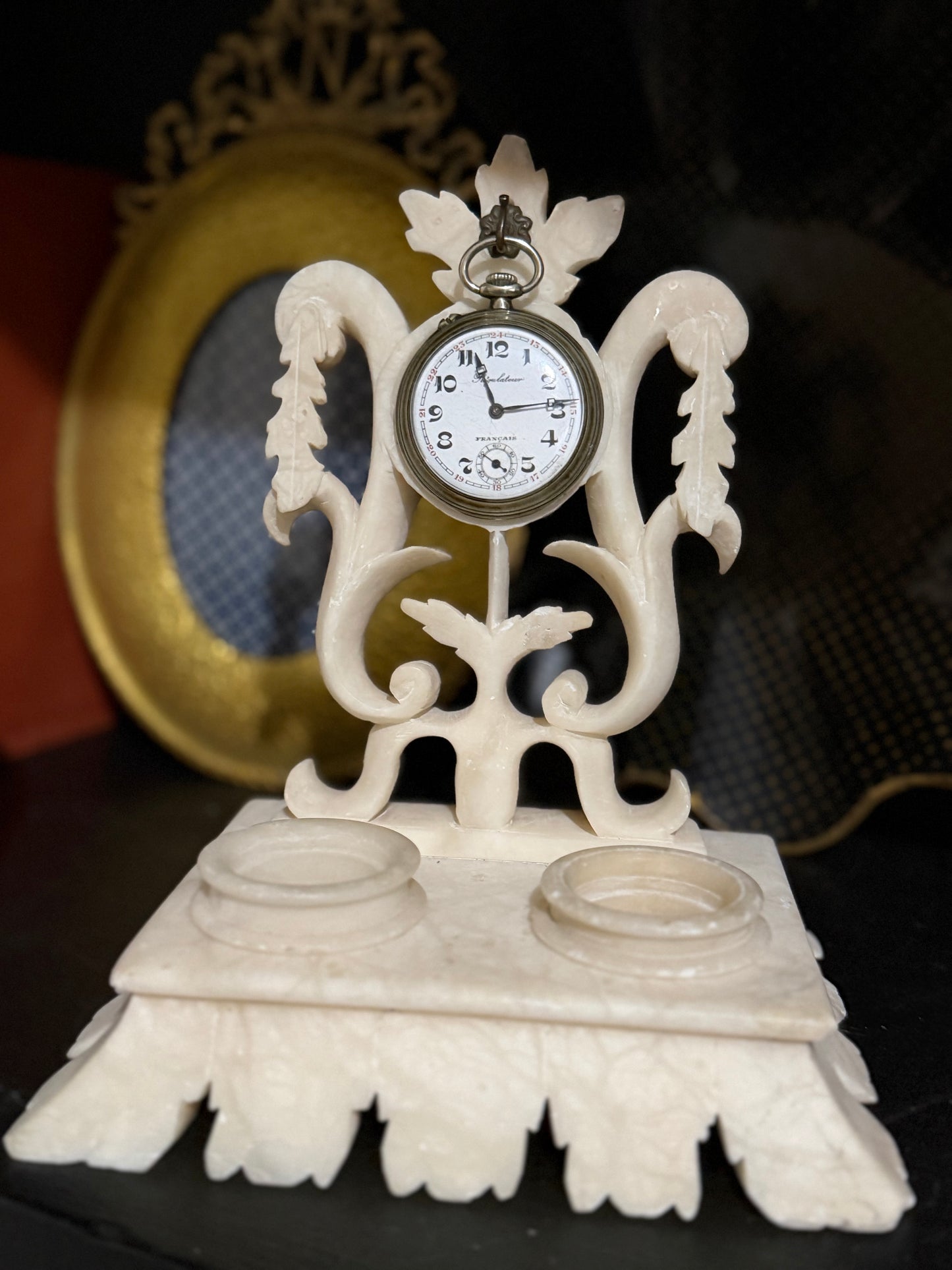 Reserved 19th c French Alabaster Pocket Watch Holder, 2 Trays Intaglios, Bronzed Intaglio of Cherubs, Tortoise Box