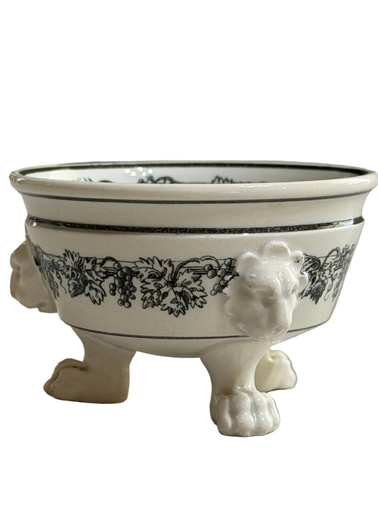Antique French Creil Black Transfer Lion Footed Open Salt or Miniature Bowl, Circa 1830