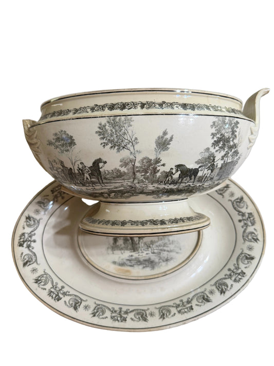 Rare Early 19th Century French Creil Hunt Scene Tureen with Original Undertray | Black Transferware