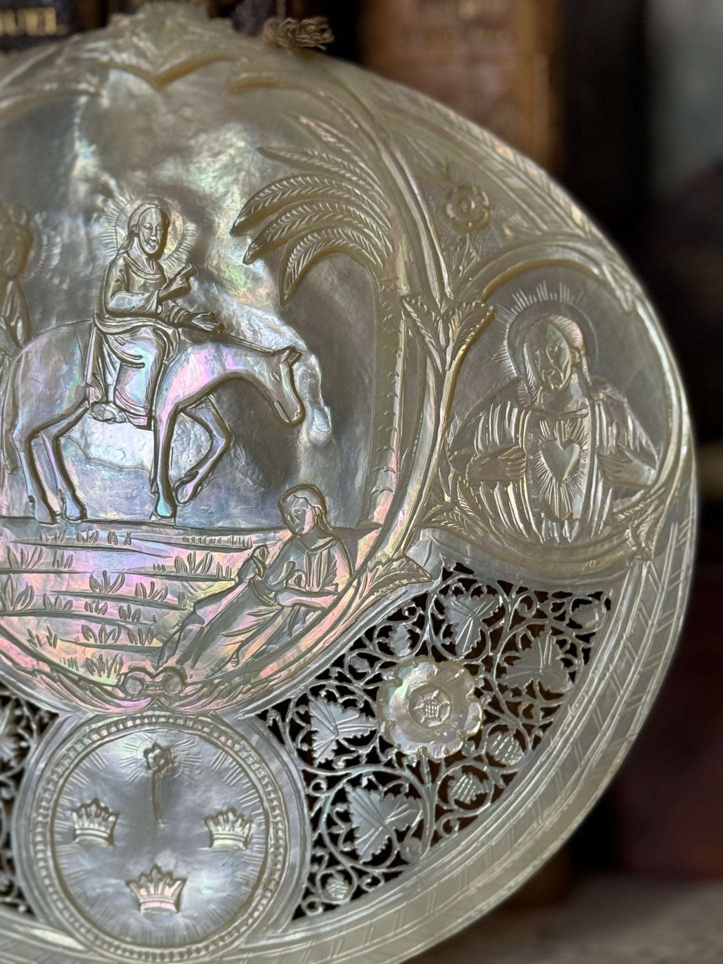 19th Century Intensely Carved Mother of Pearl Religious Devotional Shell