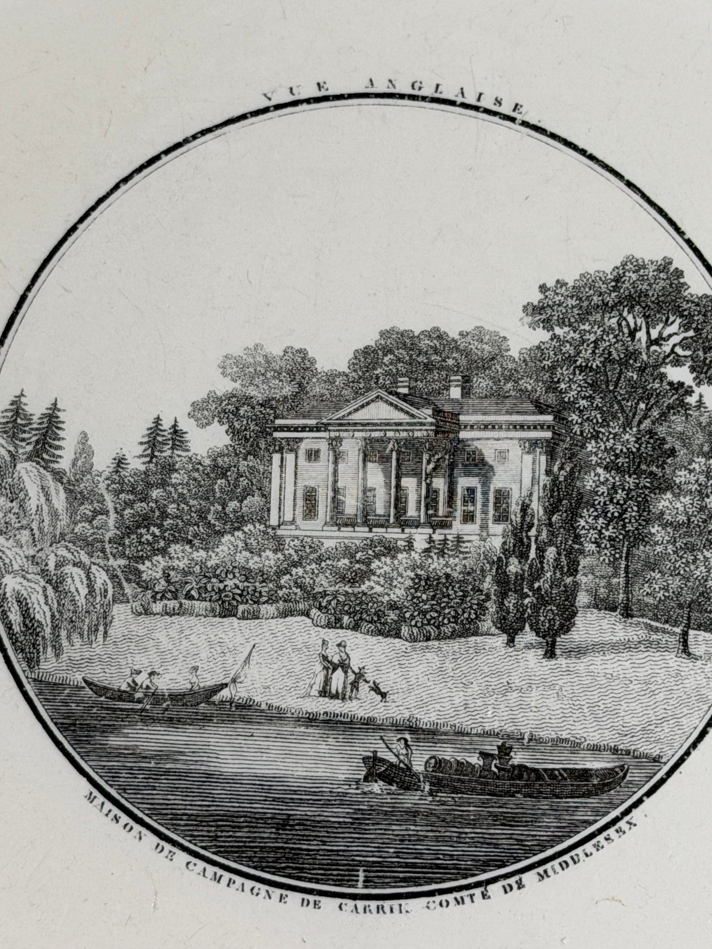 Antique French Creil Black Transferware Platter, Maison de Campagne de Carril, Comté de Medlenx, 13.25”