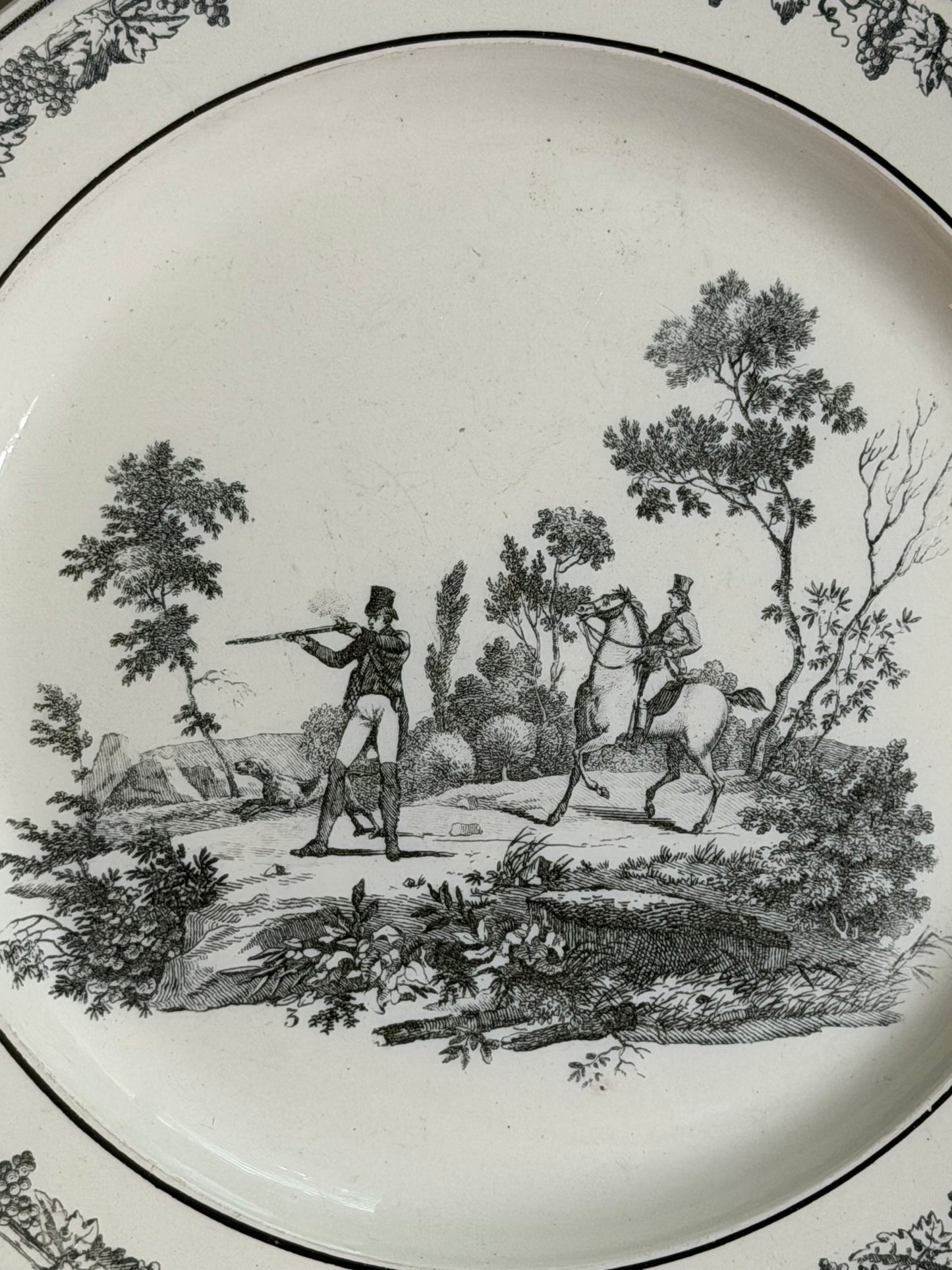 Antique French Creil Black Transferware Hunt Scene Plate with Huntsman on Horseback, 8.25”