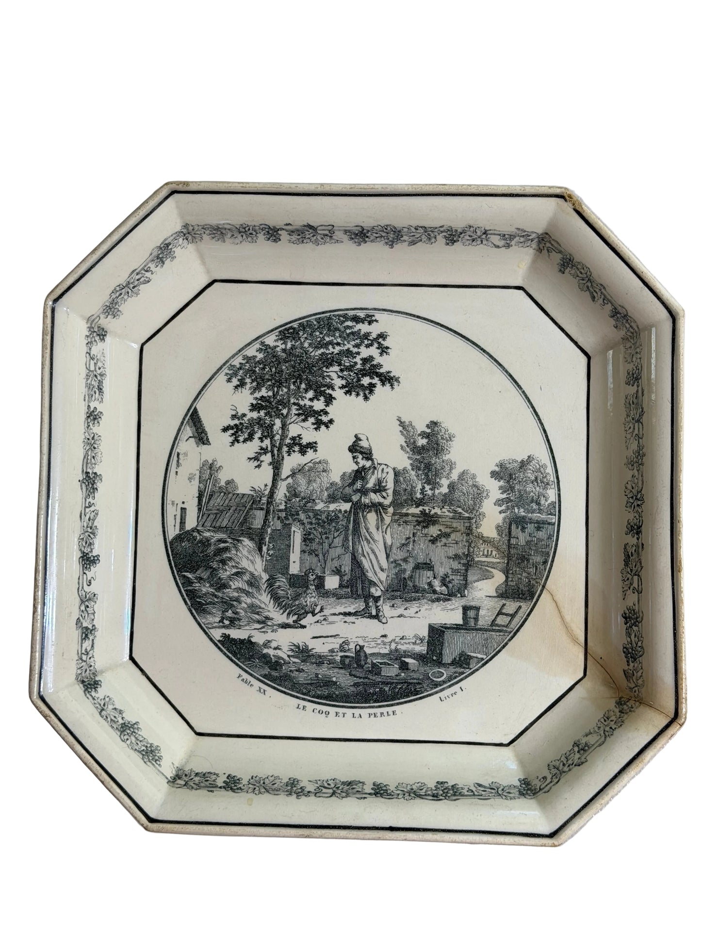 Early 19th Century French Creil Black Transferware Octagonal Plate | “Le Coq et la Perle” Fable | 8.5”