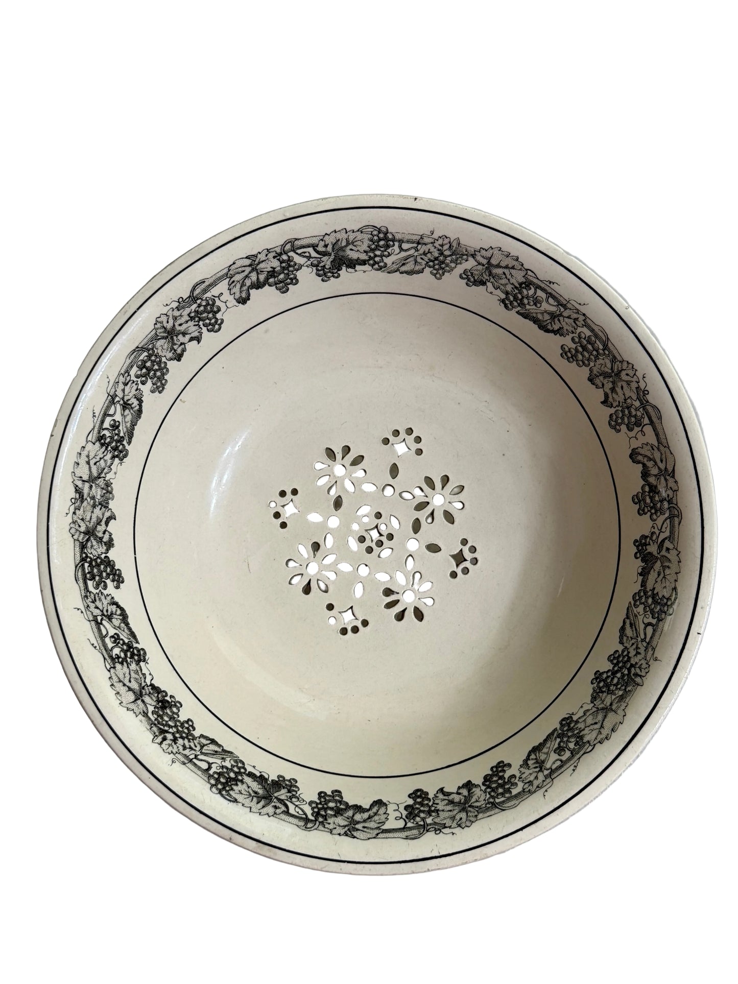 Rare Early 19th Century French Creil Black Transferware Footed Strainer | Pierced Creamware Colander