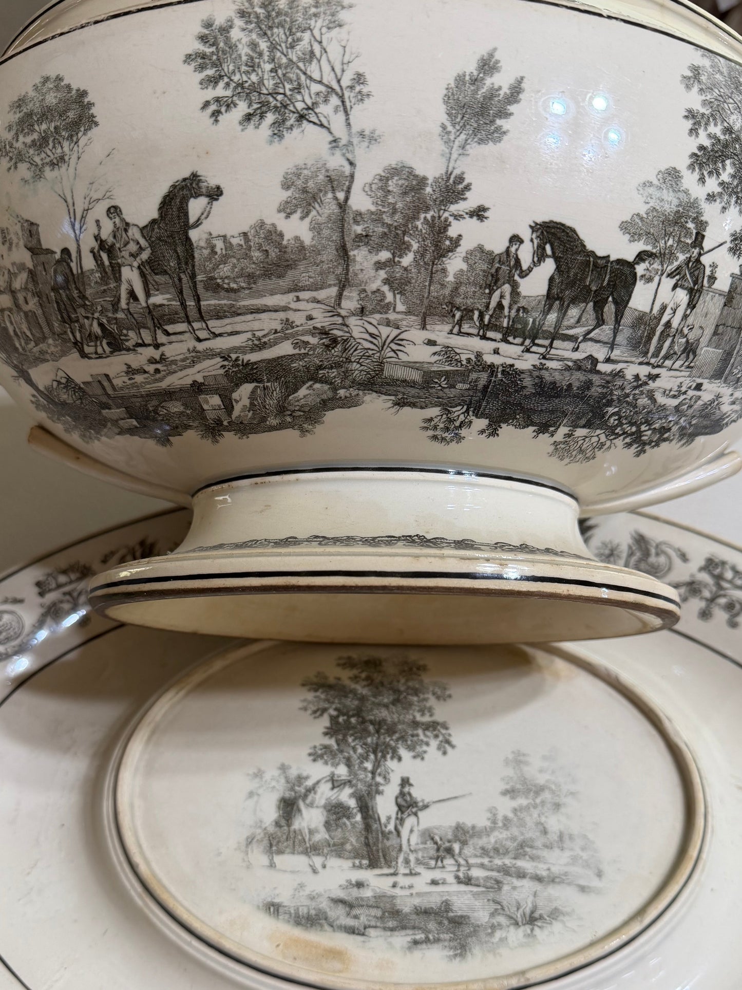Rare Early 19th Century French Creil Hunt Scene Tureen with Original Undertray | Black Transferware