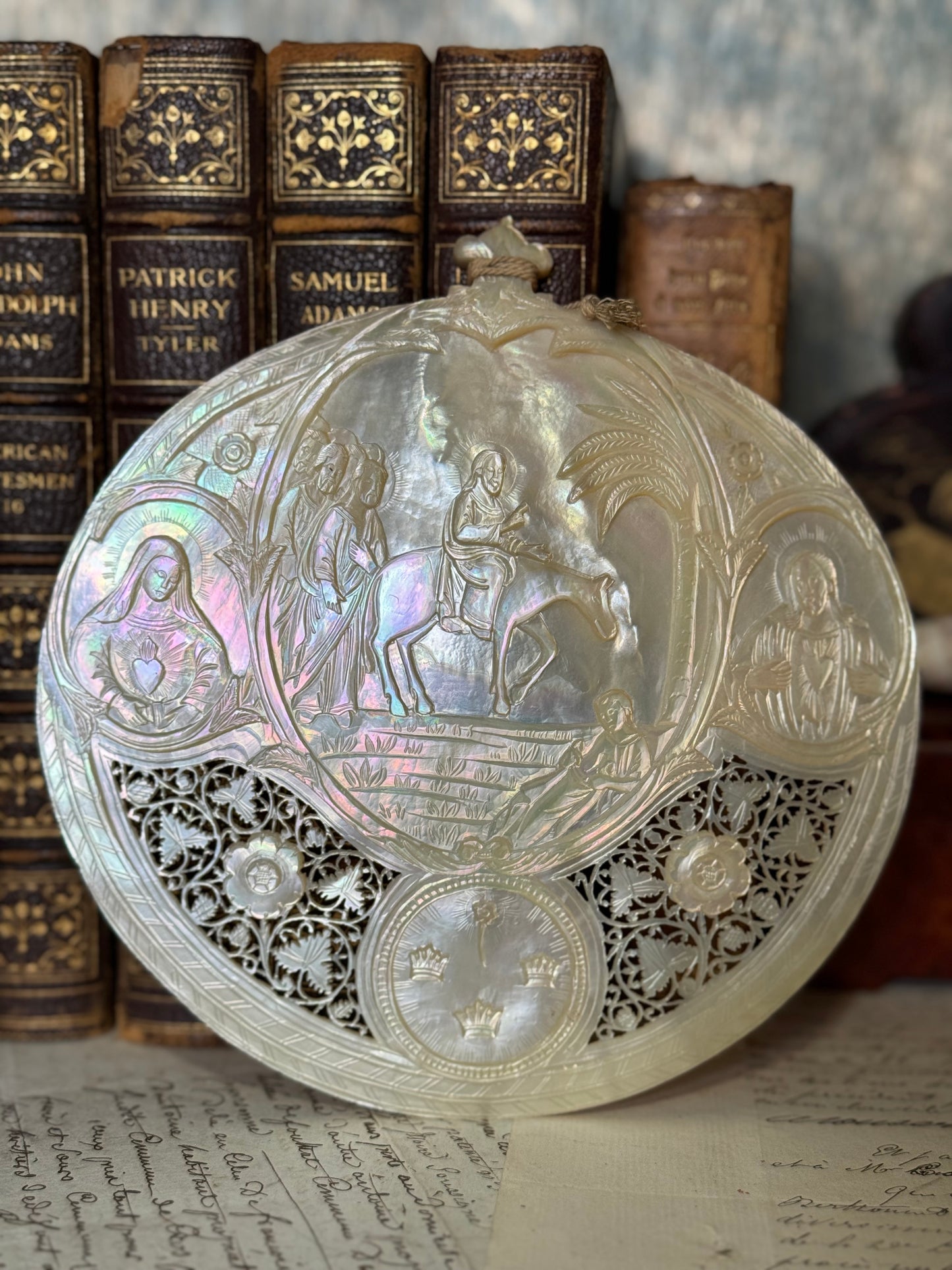 19th Century Intensely Carved Mother of Pearl Religious Devotional Shell