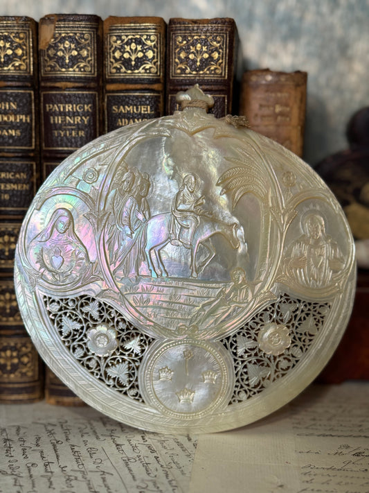 19th Century Intensely Carved Mother of Pearl Religious Devotional Shell