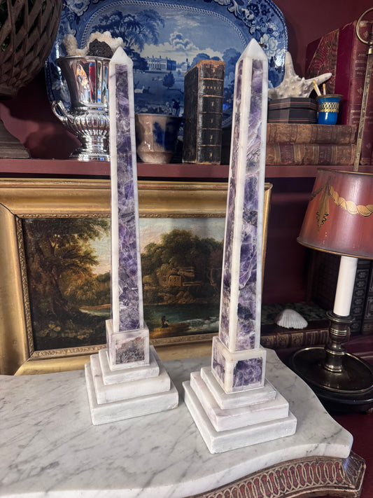 19th Century Italian Amethyst and White Marble Obelisks 16” Pair