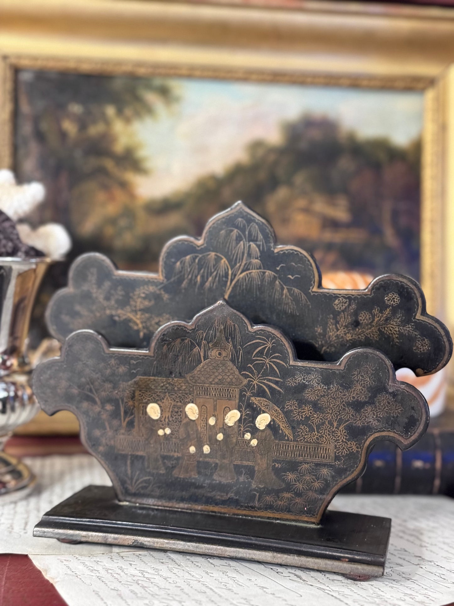 Antique Chinoiserie Papier Mâché Letter Stand with Gilt Details