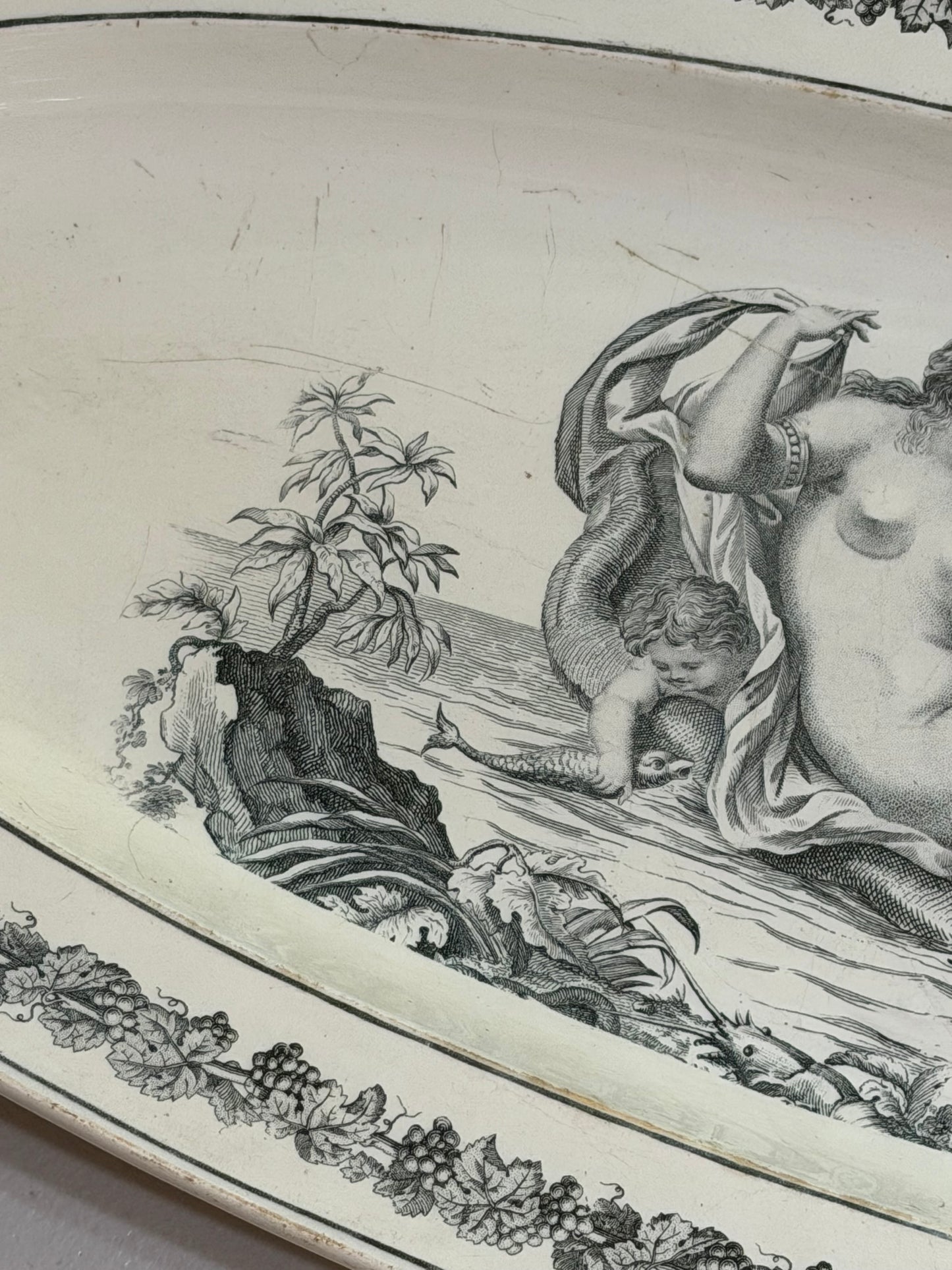 Monumental Early 19th Century French Creil Black Transferware Mythological Platter 25”