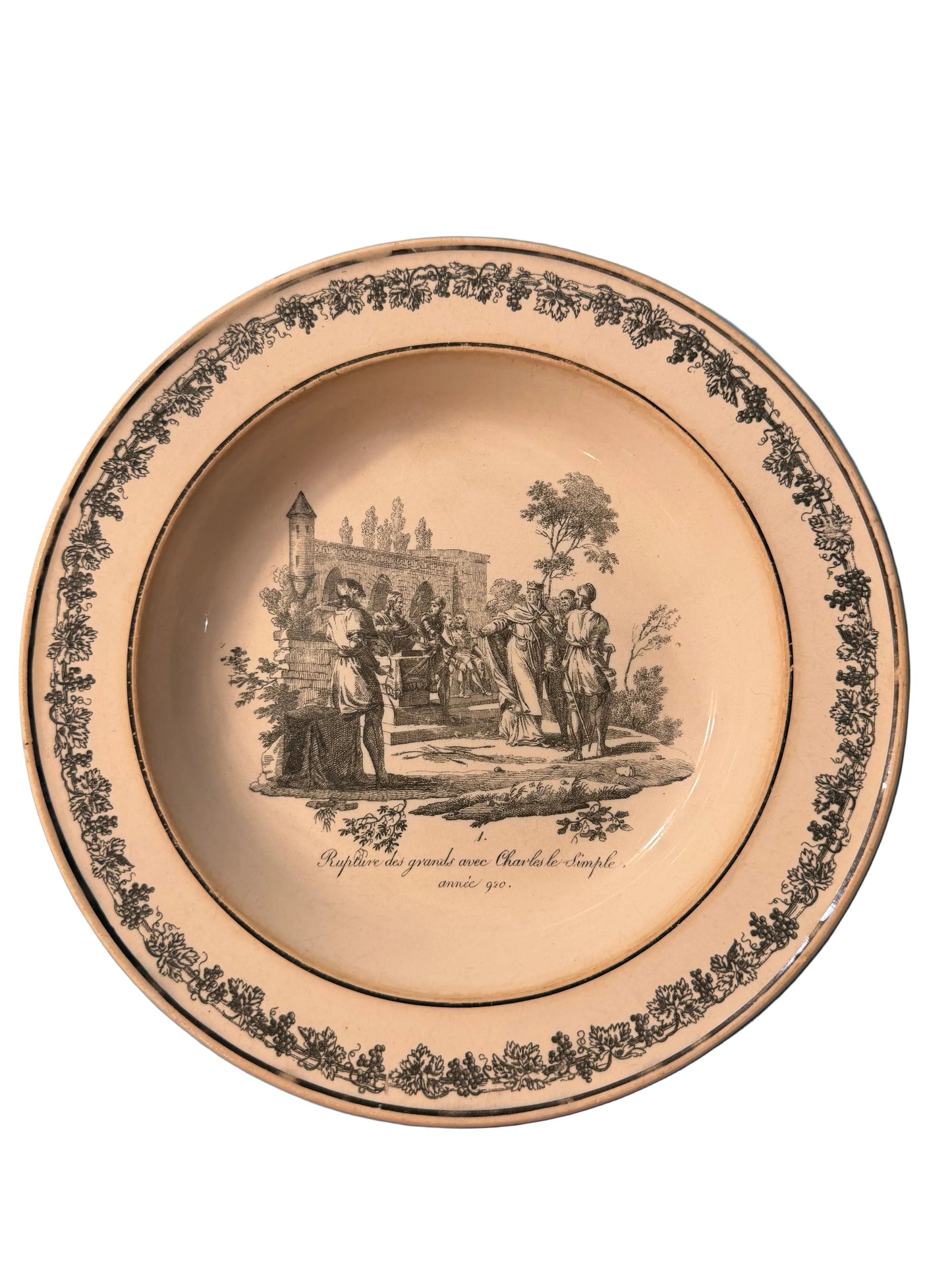 Early 19th Century French Creil Creamware Transferware Shallow Bowl | Rupture des Grands avec Charles le Simple