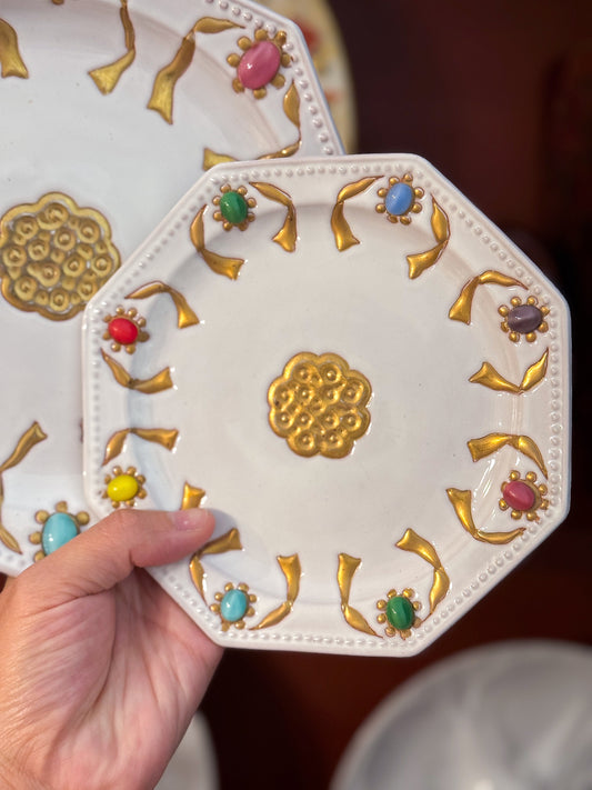 Vintage Italian Cabochon Rim and 22k Gold Painted Plates by Artist Carole Stupell