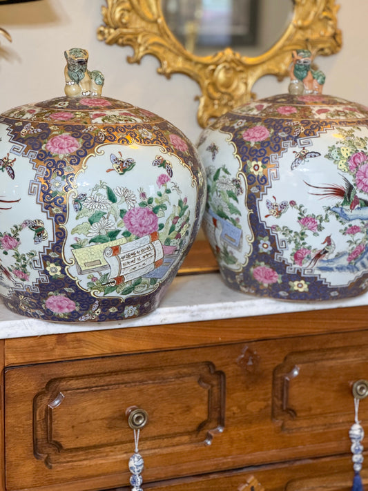 PAIR Monumental Vintage Chinese Porcelain Melon Jars with Foo Dog Handles