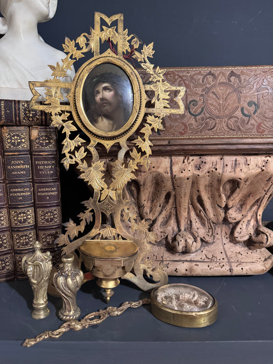 2/2 Reserved 19th c. Tooled Leather Sweets box, Meerschaum Religious Relic, Sterling Salt Cellars (2), Bronze Salvage (2), Serpent Bronze Salvage, Tall Bronze Salvage Finial