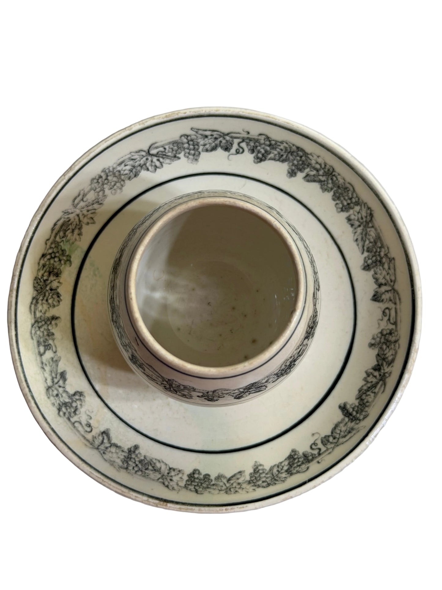 Rare Early 19th Century French Creil Black Transferware Table Condiment Pot with Integral Stand