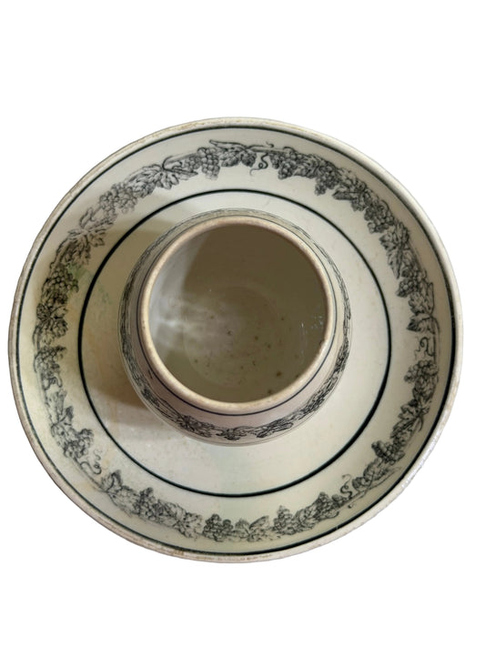 Rare Early 19th Century French Creil Black Transferware Table Condiment Pot with Integral Stand