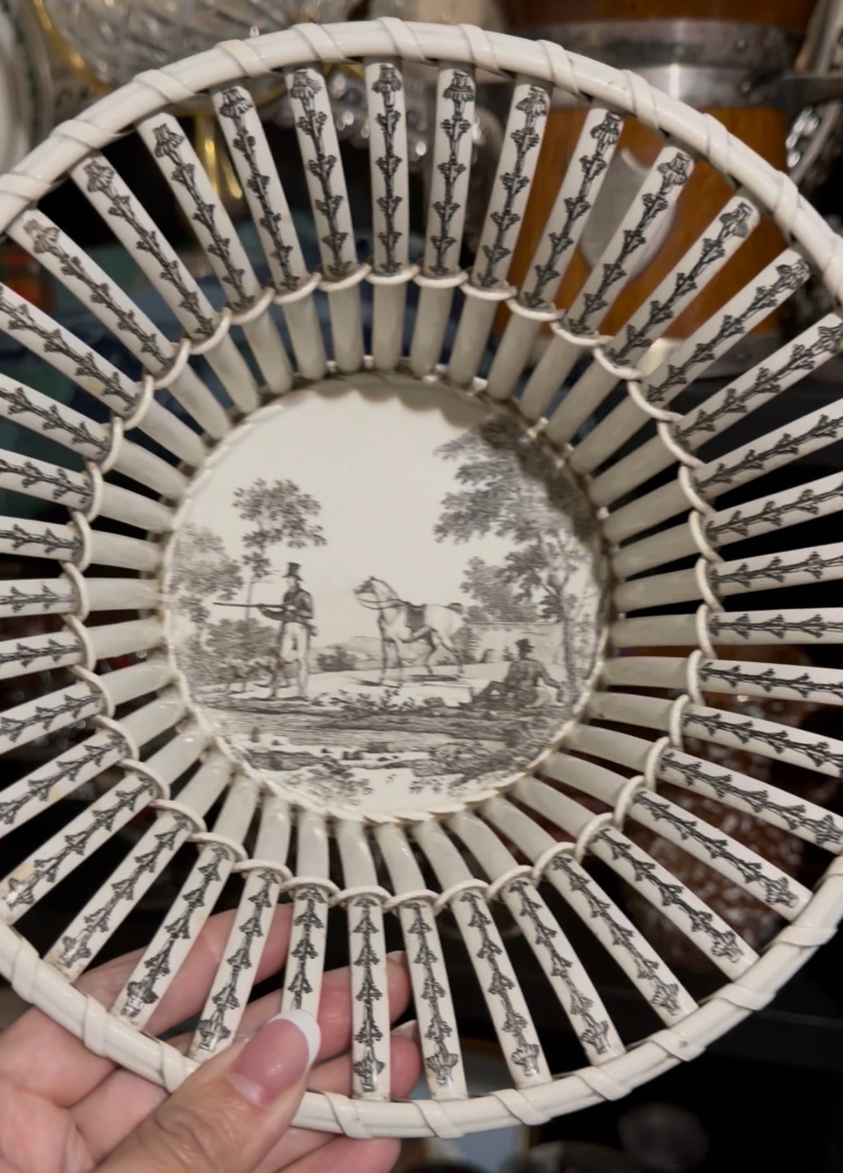 Reserved Early 19th c. Creil Basket, Silver and Ruby Glass Bowl