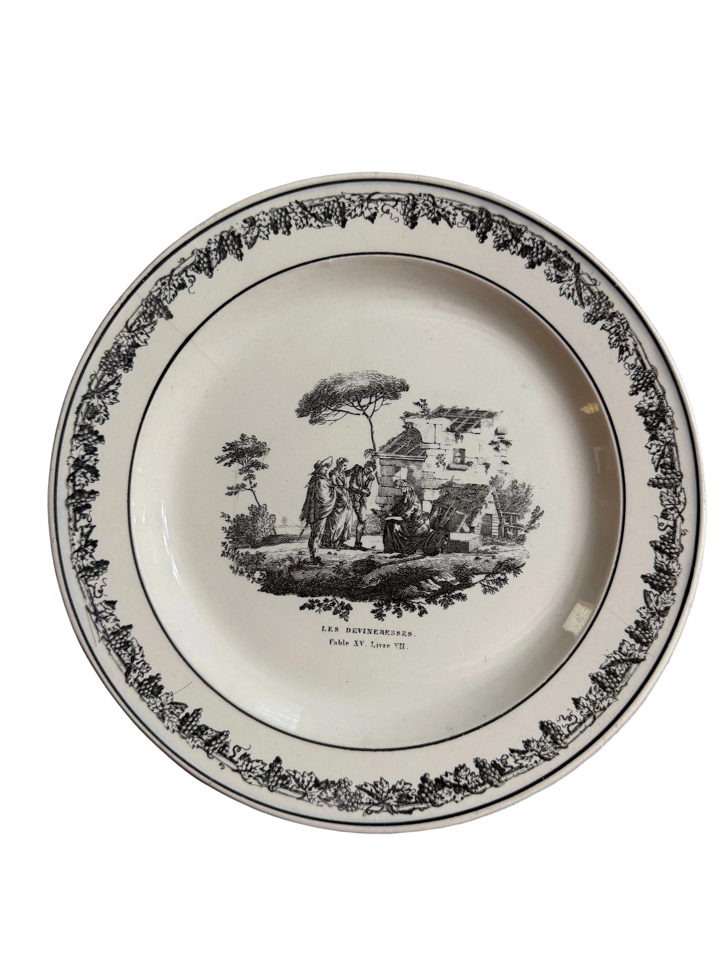 Early 19th Century French Creil Creamware Transferware Fable Plate | Les Devineresses | La Fontaine