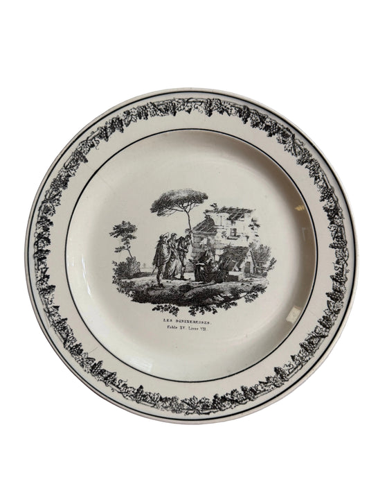 Early 19th Century French Creil Creamware Transferware Fable Plate | Les Devineresses | La Fontaine