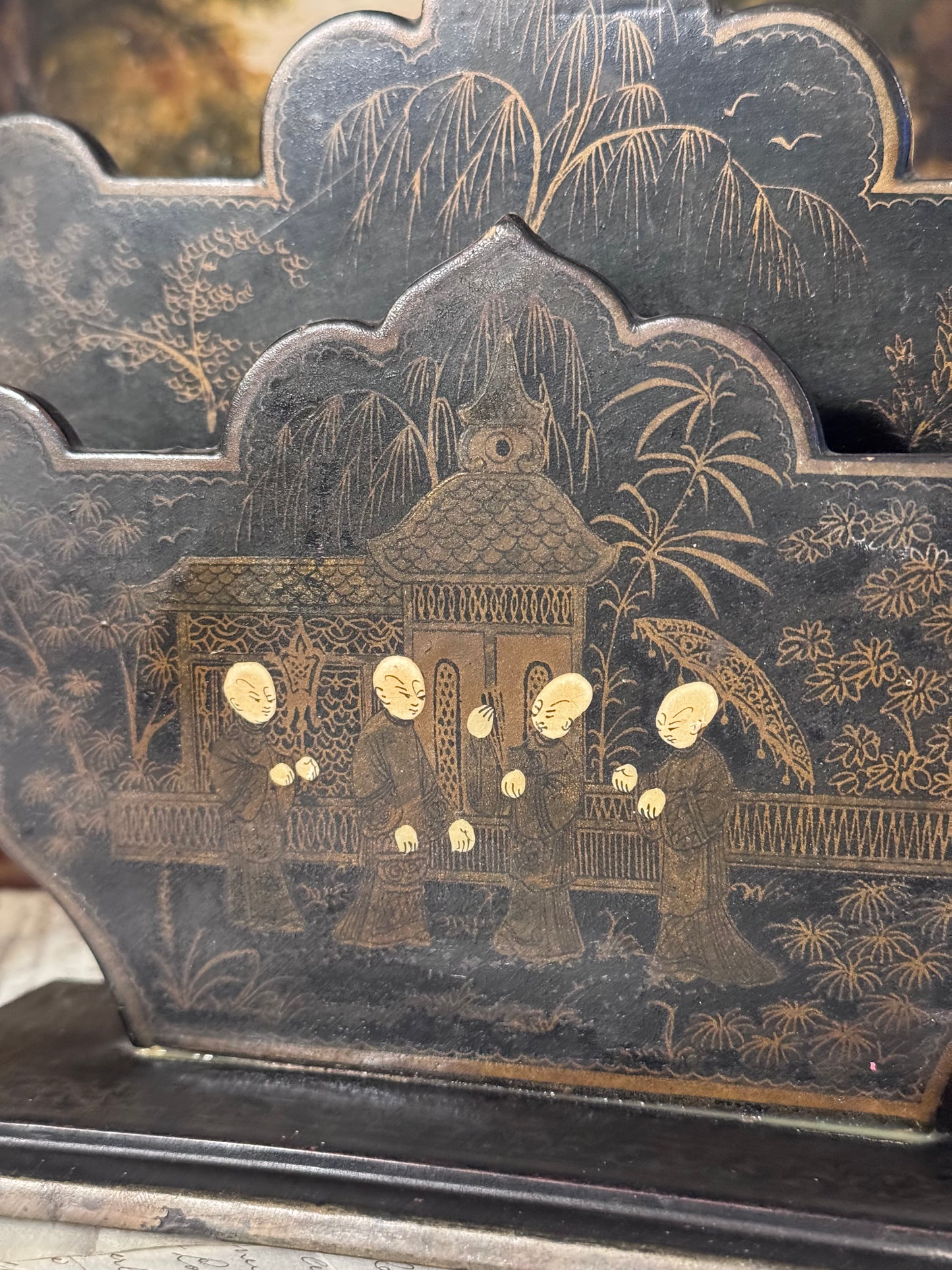 Antique Chinoiserie Papier Mâché Letter Stand with Gilt Details