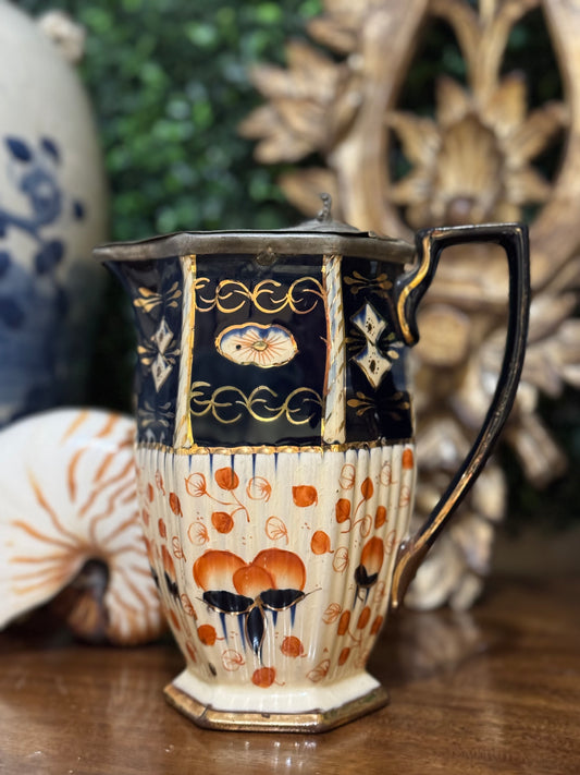 Antique English Enamel Over Copper Pitcher with Pewter Lid