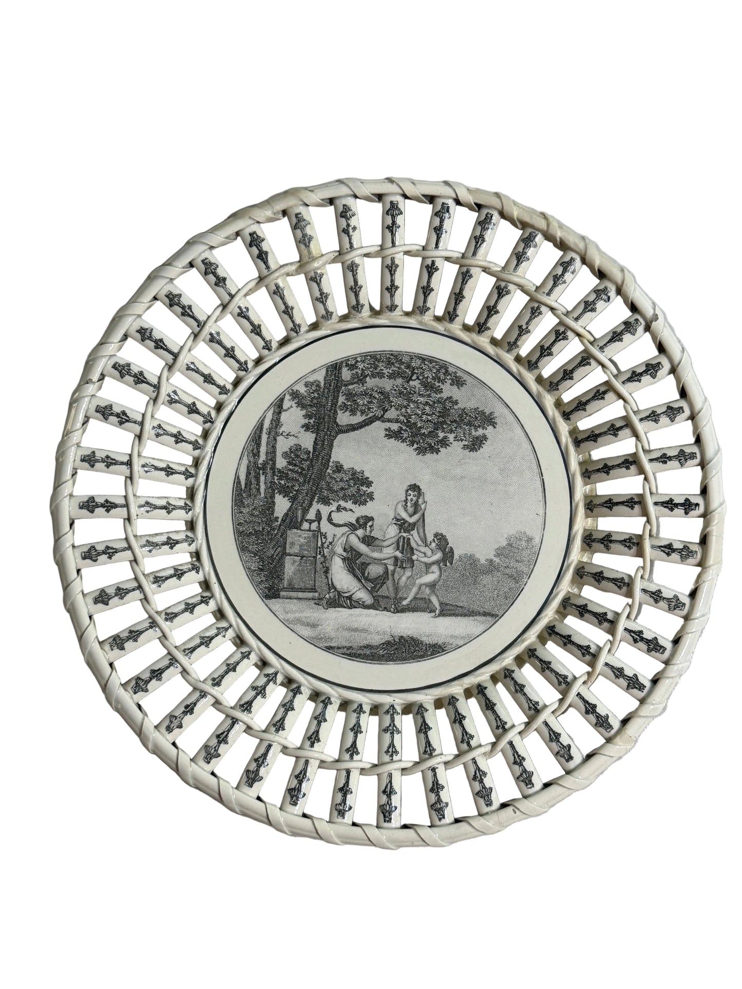 Rare Antique French Creil Basket Weave Black Transferware Plate “Les Premiers Pas de l’Amour,” 10”