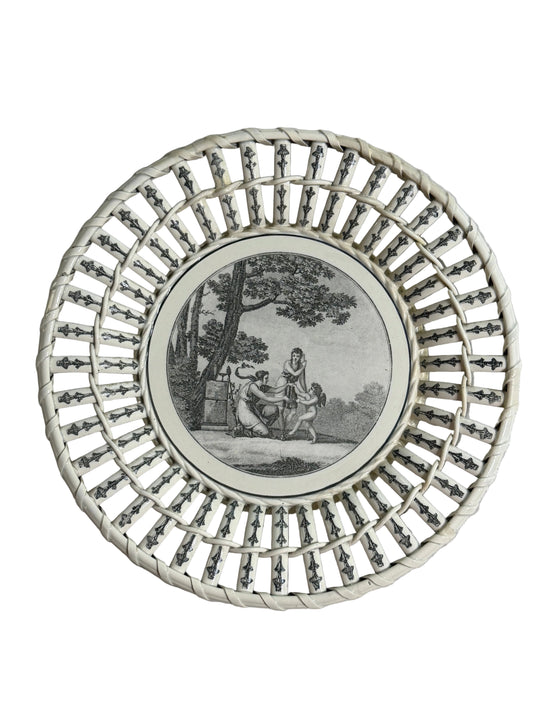 Rare Antique French Creil Basket Weave Black Transferware Plate “Les Premiers Pas de l’Amour,” 10”