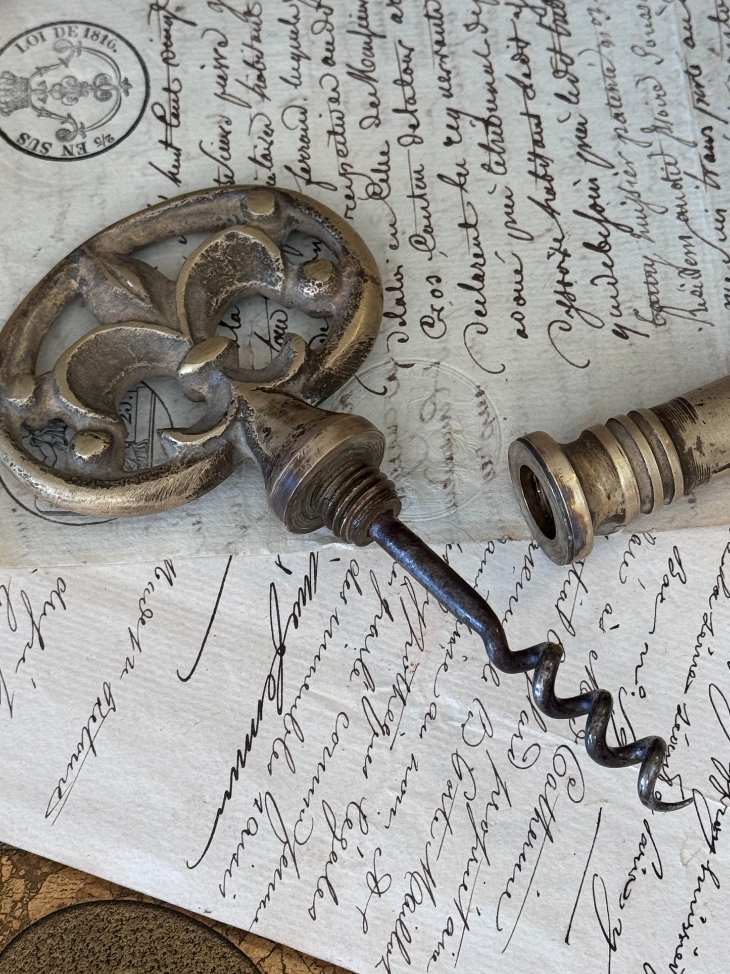 Antique French Bronze Key Corkscrew Bar Tool
