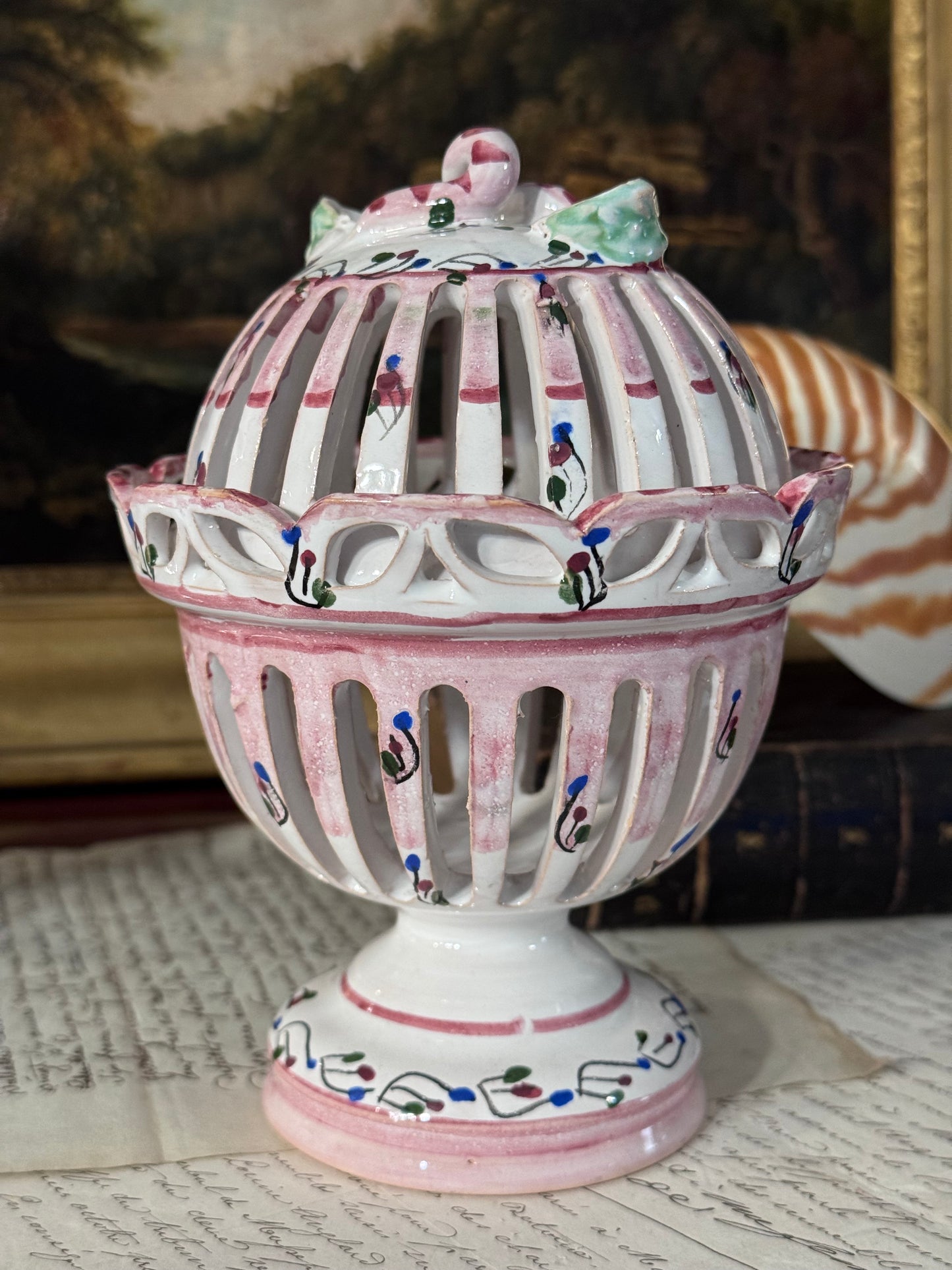 French Faience Pierced Pedestal Sweetmeat Urn with Lid