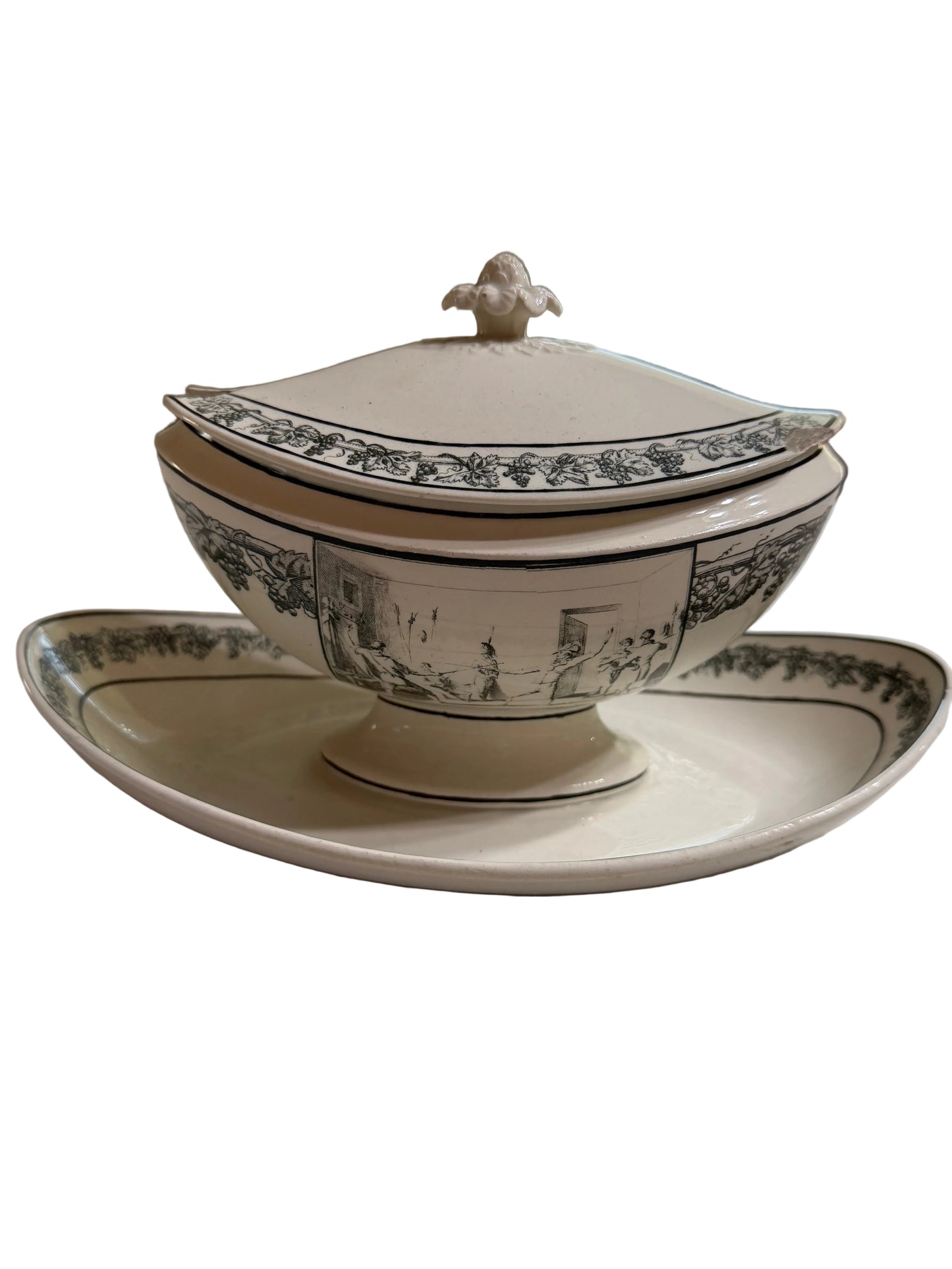 Antique French Creil Black Transferware Covered Sauce Tureen with Undertray, Genre Scenes, 10”