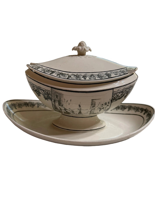Antique French Creil Black Transferware Covered Sauce Tureen with Undertray, Genre Scenes, 10”