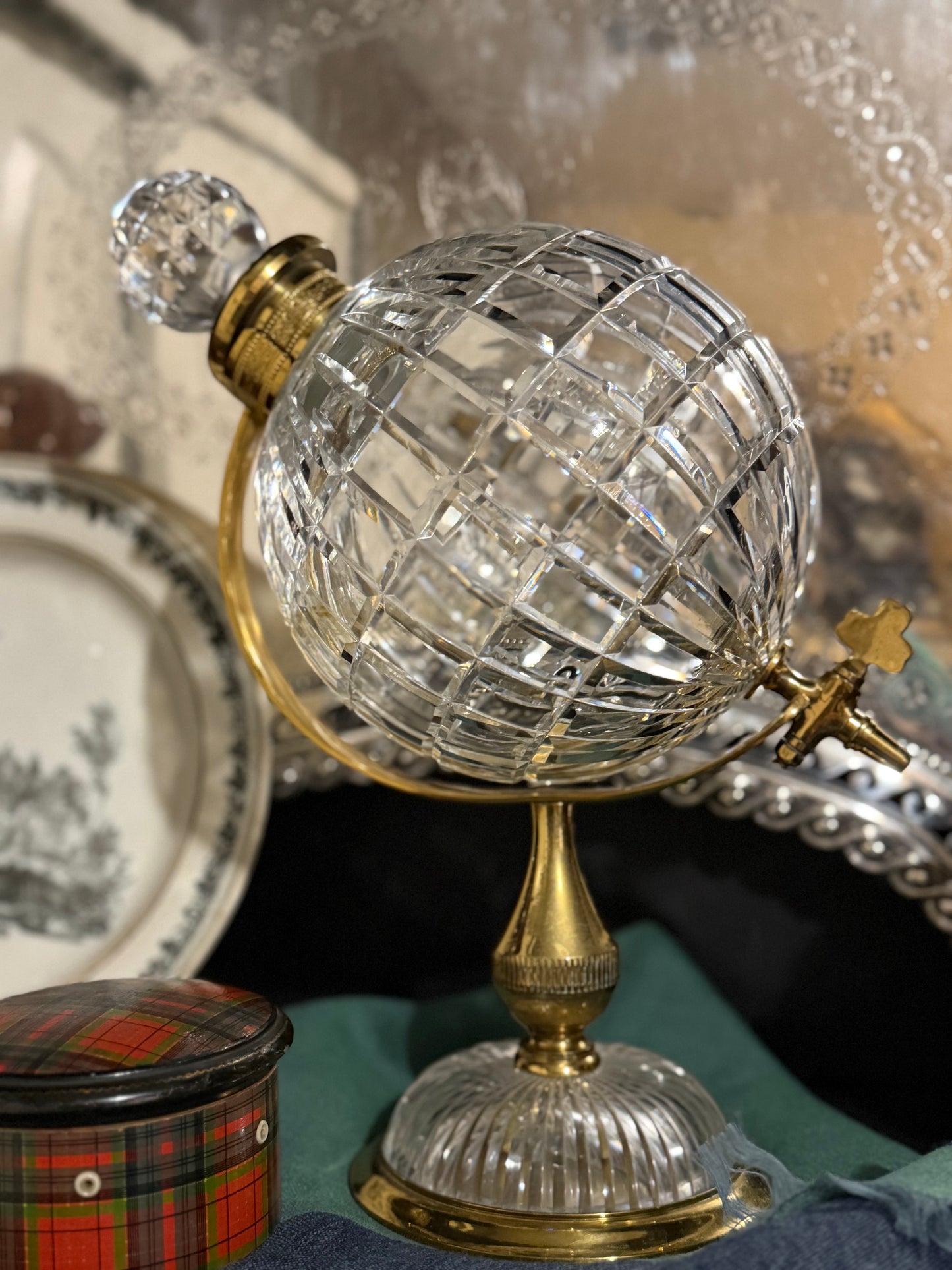 Reserved Incredible Crystal Decanter, Set of 3 Brass Horn Candlesticks