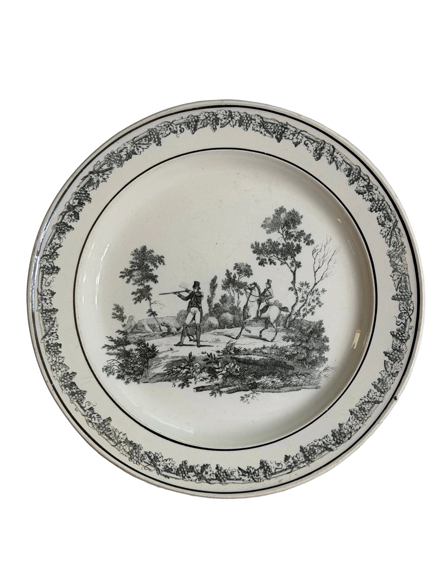 Antique French Creil Black Transferware Hunt Scene Plate with Huntsman on Horseback, 8.25”