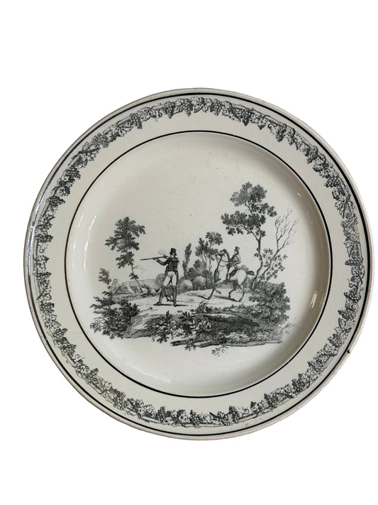 Antique French Creil Black Transferware Hunt Scene Plate with Huntsman on Horseback, 8.25”