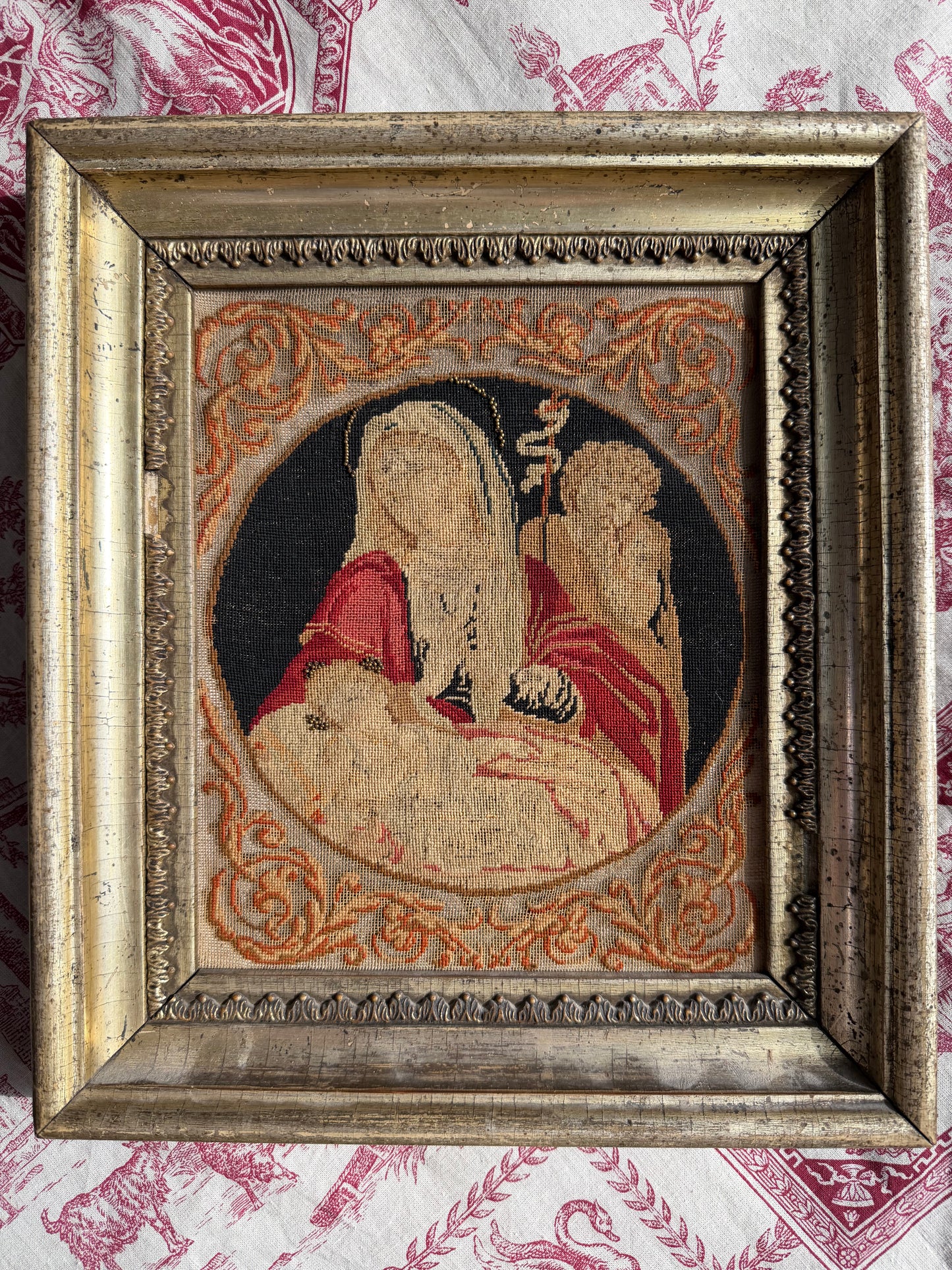 Antique French Berlin Wool Work Embroidery of the Madonna and Child in Original Gilt Frame | Circa 1860–1875