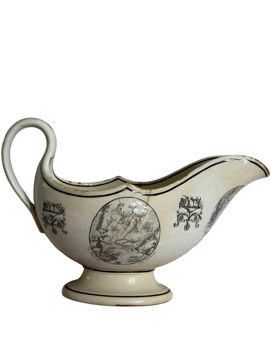 Early 19th Century French Creil Black Transfer Printed Creamware Sauce Boat | Historical & Fable Scenes