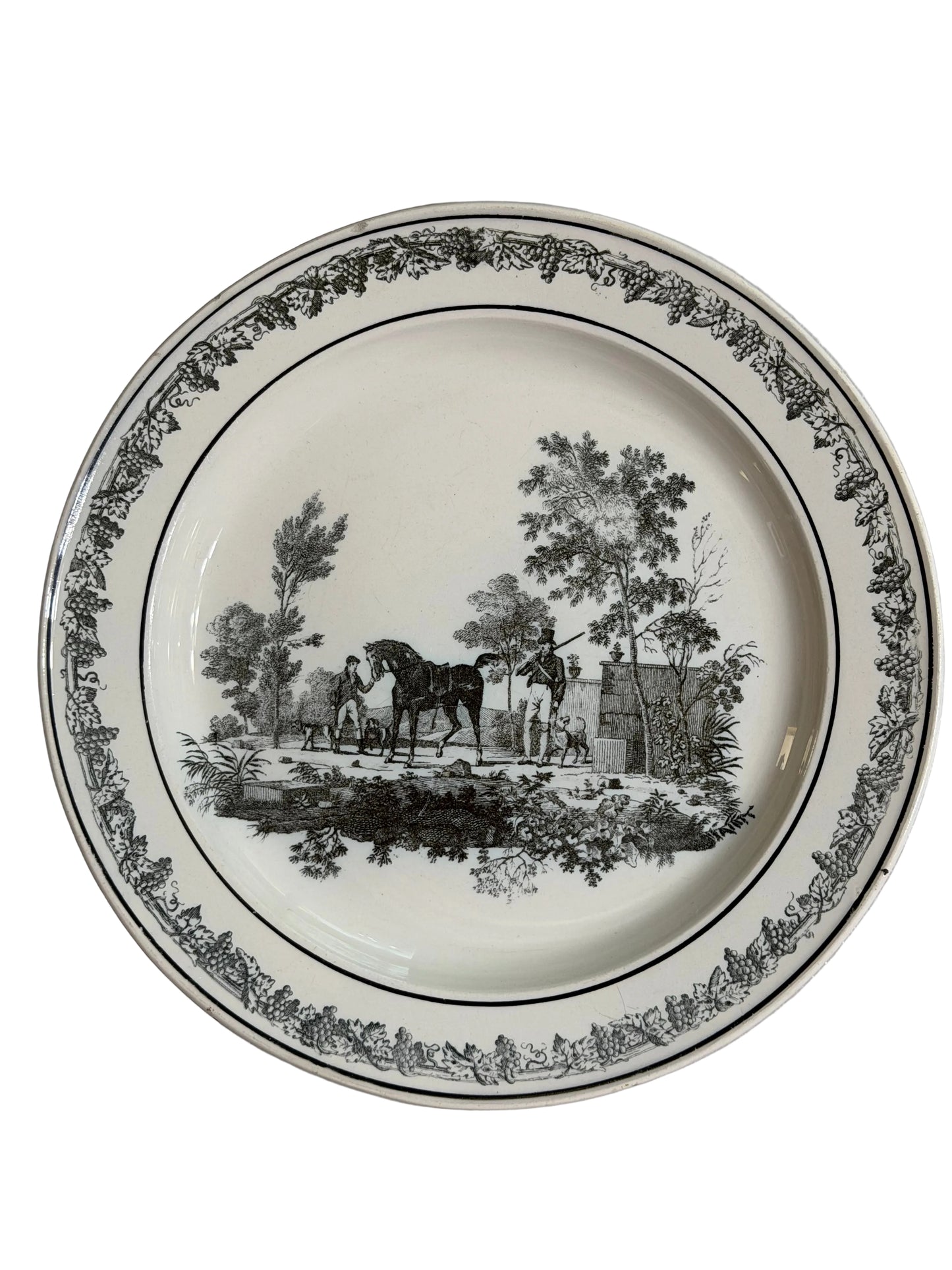 Antique French Creil Black Transferware Hunt Scene Plate with Hunters & Horse, 8.25”