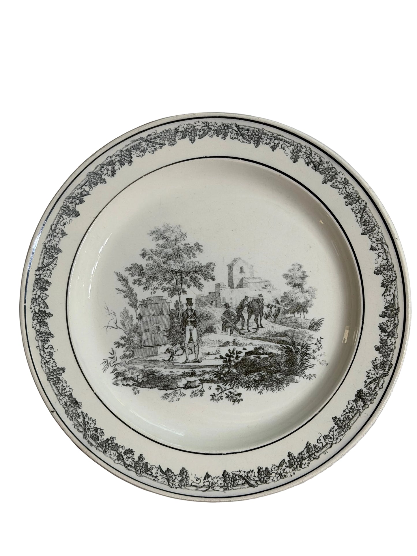 Antique French Creil Black Transferware Hunt Scene Plate with Huntsman, Horses & Hounds, 8.25”
