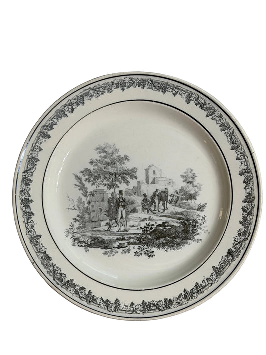 Antique French Creil Black Transferware Hunt Scene Plate with Huntsman, Horses & Hounds, 8.25”
