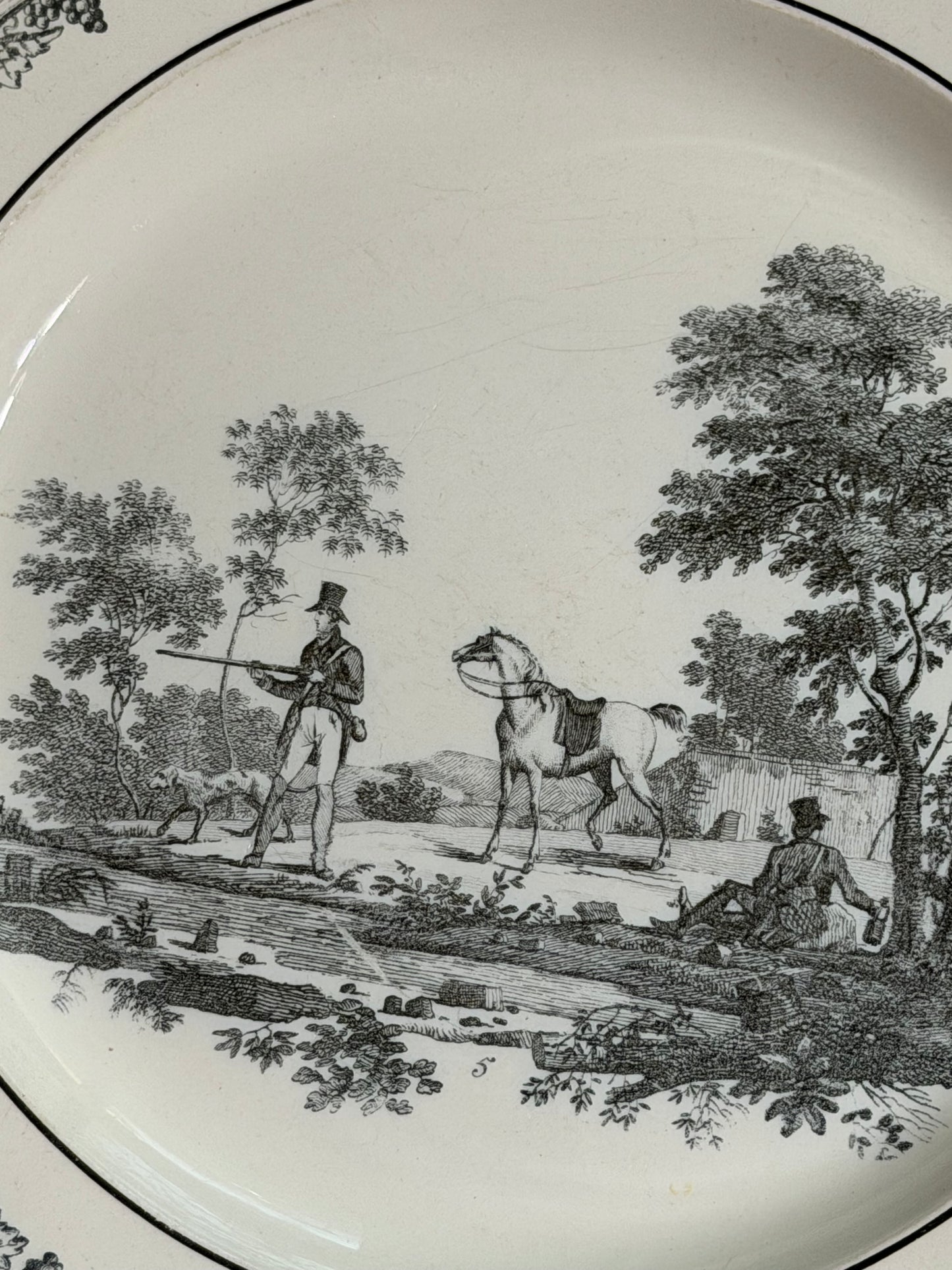 Early 19th Century French Creil Black Transferware Hunt Scene Plate with Hunter, Horse & Hound 8.25”