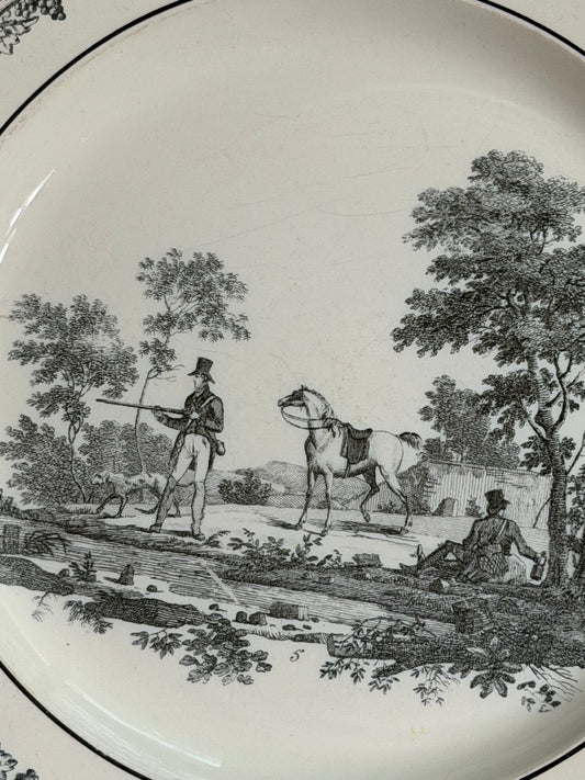 Early 19th Century French Creil Black Transferware Hunt Scene Plate with Hunter, Horse & Hound 8.25”