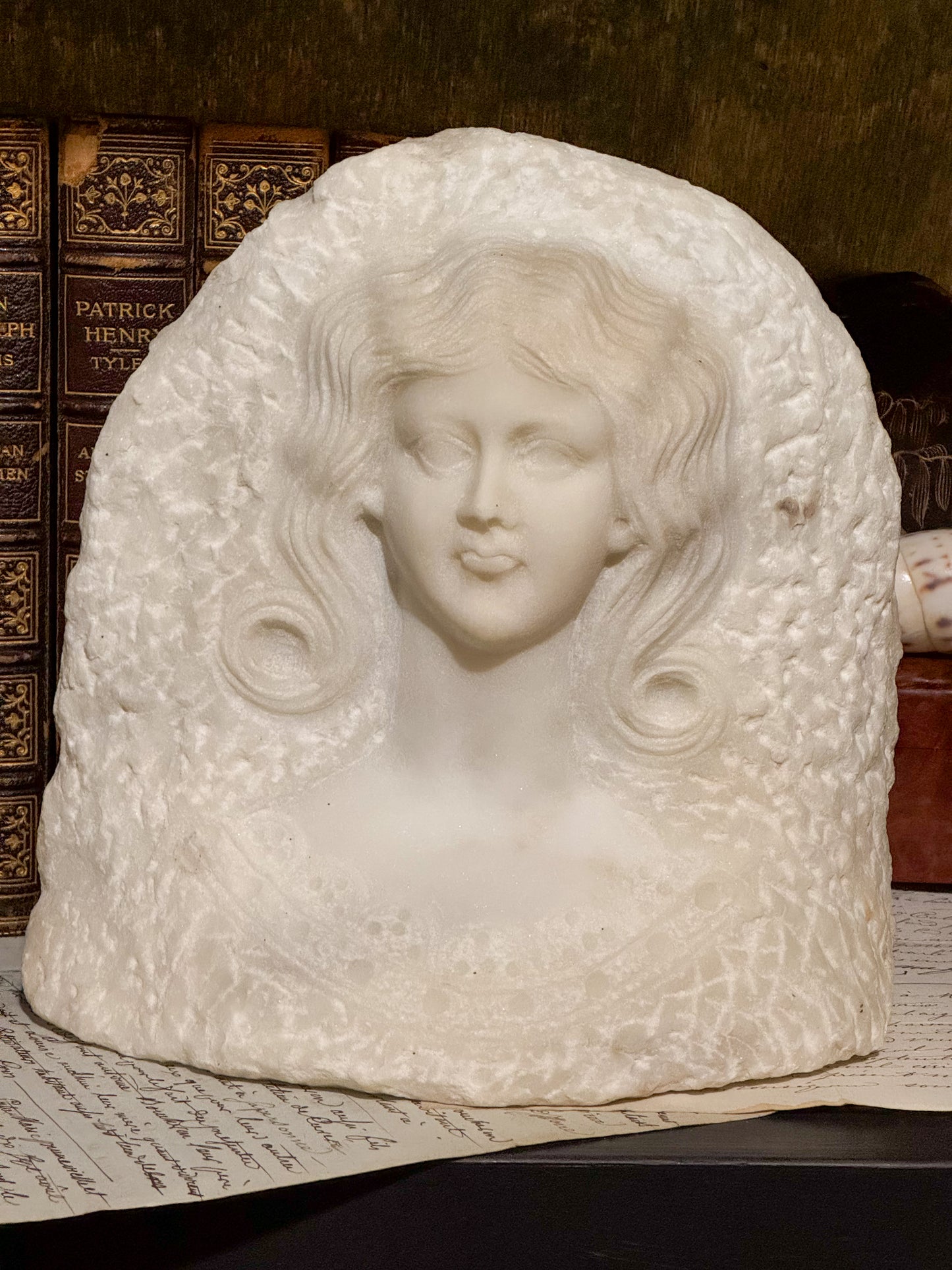 Italian Carrara Marble Female Bust Relief Classical Romantic Sculpture