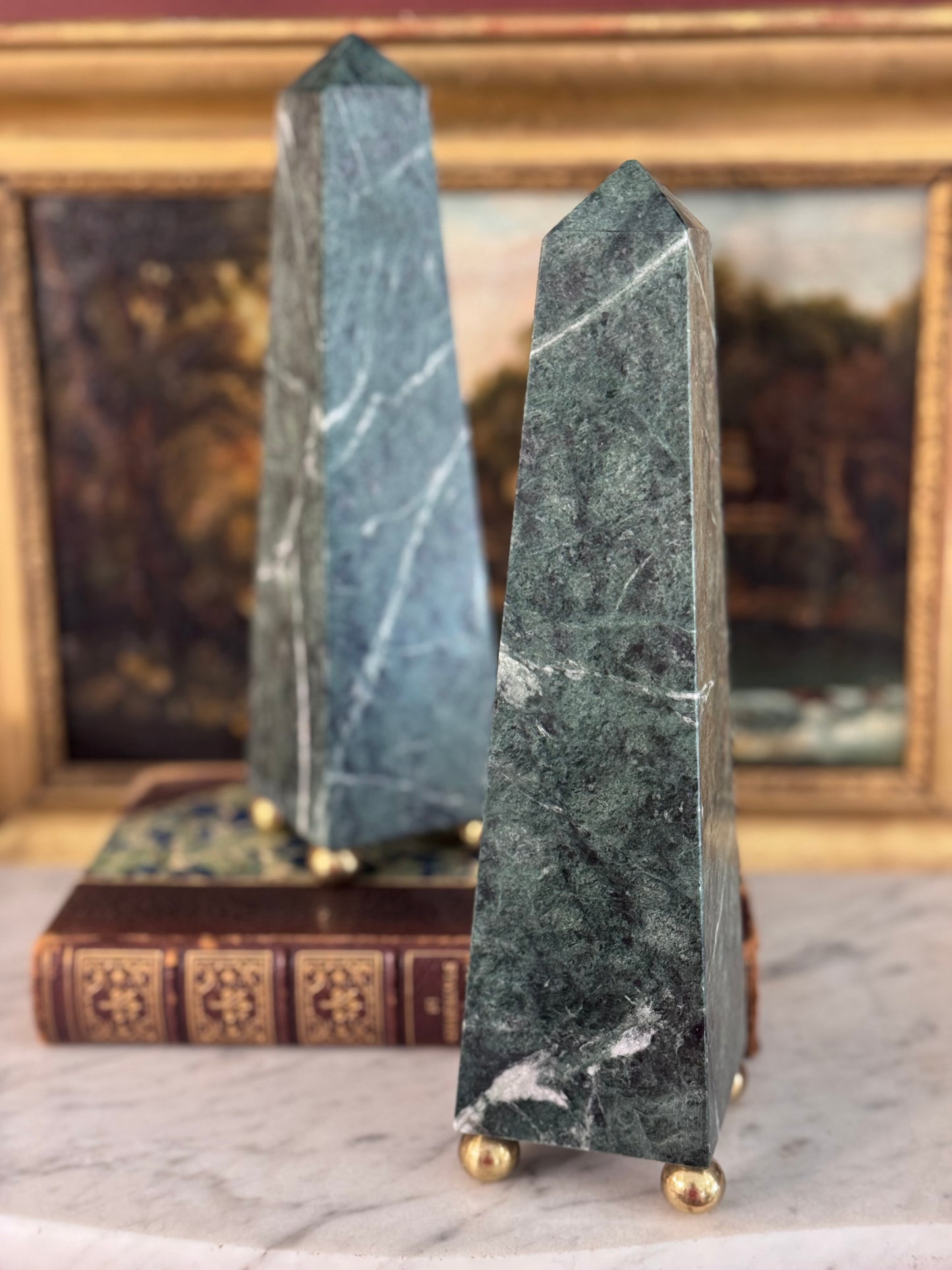 Pair of Green Marble Obelisks with Brass Ball Feet