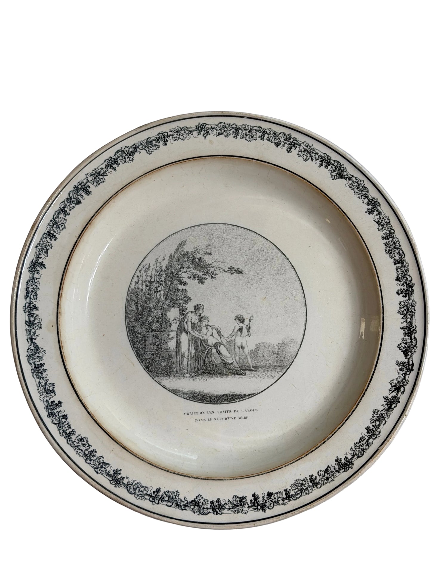 Antique French Creil Black Transferware Plate “Craint on les Traits de l’Amour dans le Sein d’une Mère,” 11”