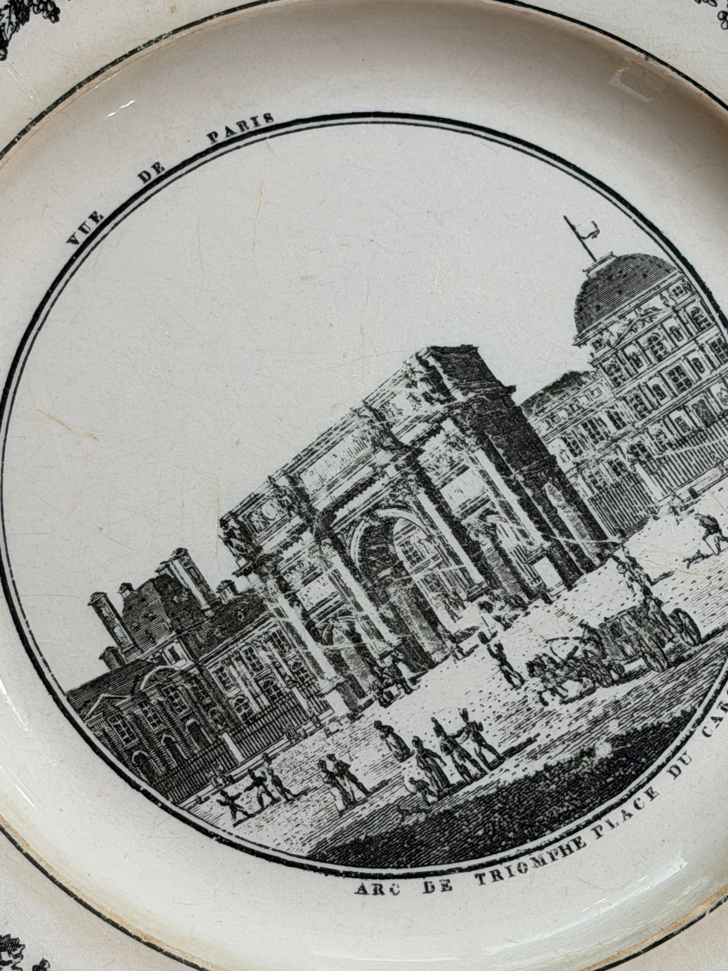 Set of Three Antique French Creil Black Transferware Paris Views Plates, 9.5”